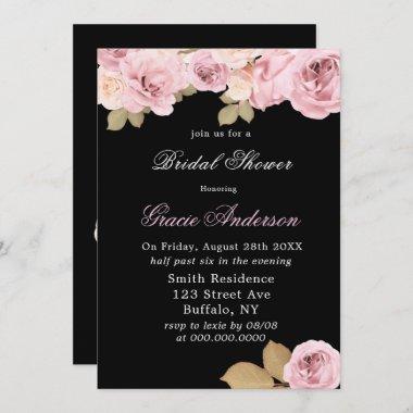 Black Blush Pink Roses Bridal Shower Invitations