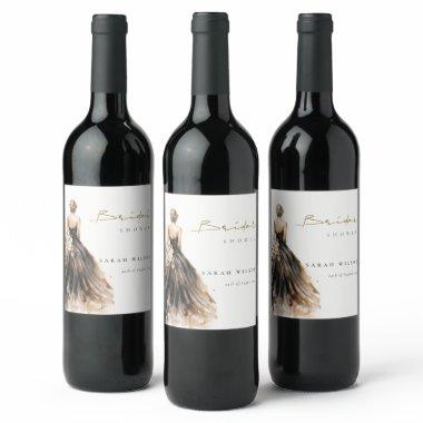 Black Blush Watercolor Wedding Gown  Wine Label