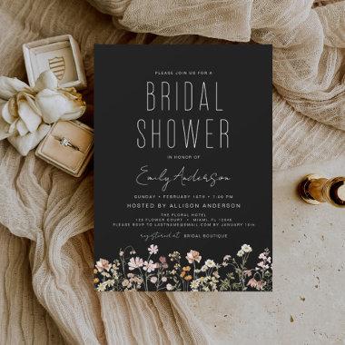 Black Boho Wildflower Bridal Shower Elegant Invitations