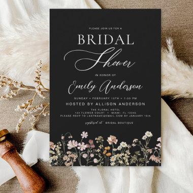 Black Boho Wildflower Bridal Shower Script Invitations