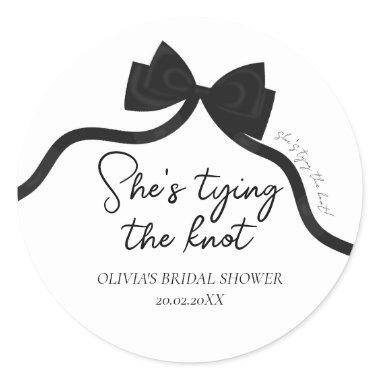 Black bow she's tying the knot  classic round sticker