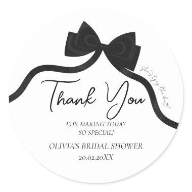 Black bow she's tying the knot  classic round sticker