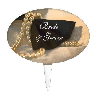 Black Bow Tie and White Pearls Wedding Cake Topper