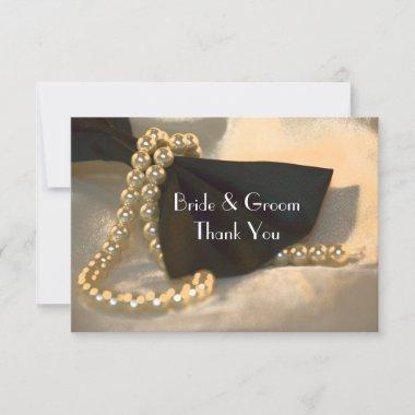 Black Bow Tie Pearls Wedding Flat Thank You Note Invitations