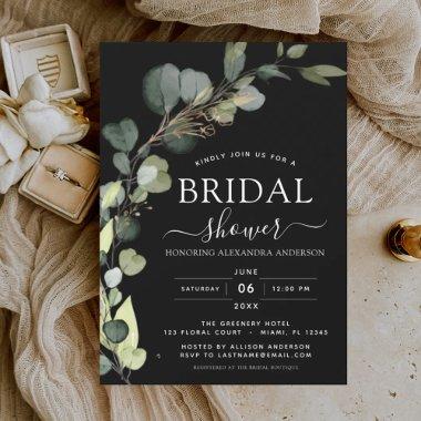 Black Bridal Shower Botanical Eucalyptus Boho Invitations