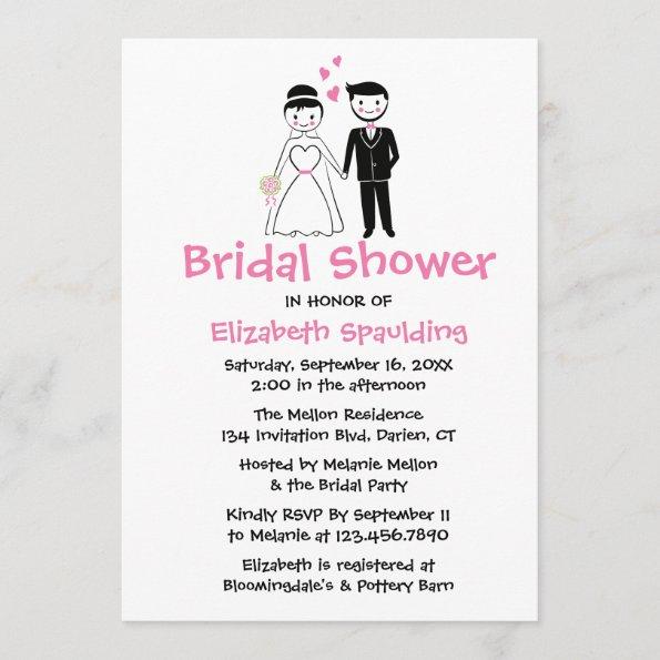 Black Bridal Shower Cartoon Bride & Groom Wedding Invitations