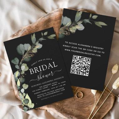 Black Bridal Shower QR Code Eucalyptus Invitations