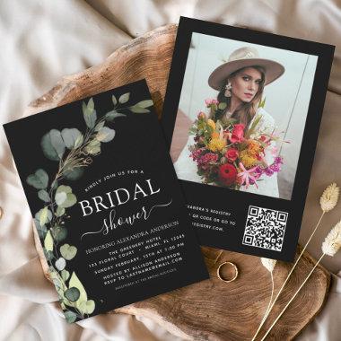 Black Bridal Shower QR Code Photo Eucalyptus Invitations