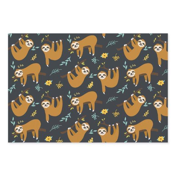 Black brown cute cartoon sloth pattern wrapping paper sheets