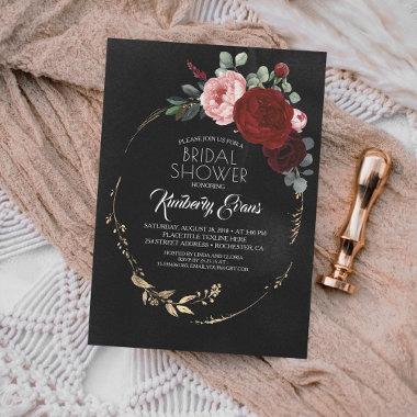 Black Burgundy Red and Gold Floral Bridal Shower Invitations