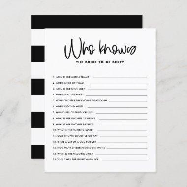 Black Calligraphy Who Knows Bridal Shower Game Invitations