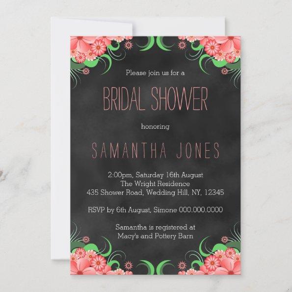 Black Chalkboard Pink Floral Bridal Shower Invites