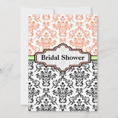 Black coral lime damask wedding bridal shower Invitations