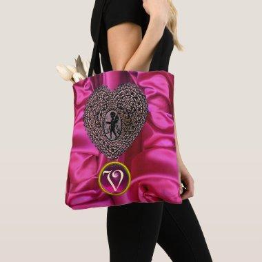 BLACK CUPID LACE HEART PINK FUCHSIA GEM MONOGRAM TOTE BAG