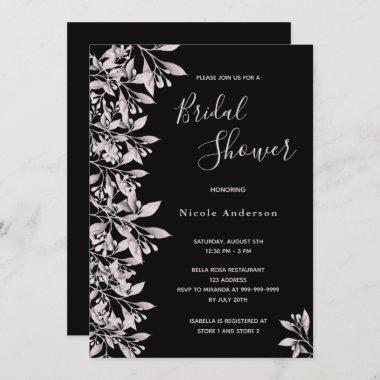 Black dusty rose botanical script Bridal Shower Invitations