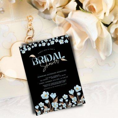 Black Elegant Blue Watercolor Floral Bridal Shower Invitations