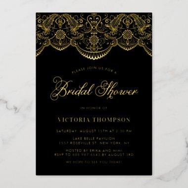 Black Elegant Floral Brocade Lace Bridal Shower Foil Invitations