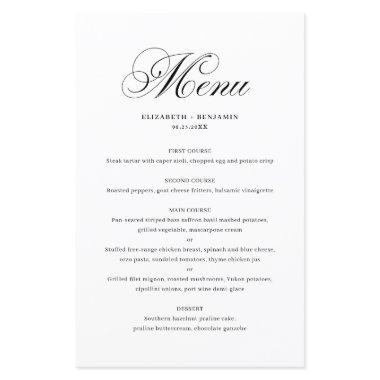 Black Elegant Flourish Script Wedding Menu Invitations