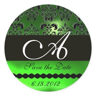 BLACK EMERALD GREEN DAMASK MONOGRAM,Save the Date Classic Round Sticker