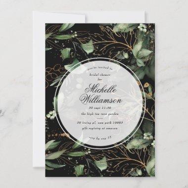 Black Eucalyptus Golden Boho Elegant Pampas Bridal Invitations