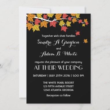 Black Falling Maple Leaves Wedding Invitations