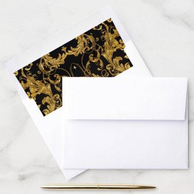 Black Faux Gold Glitter Vintage Art Deco Scrolls Envelope Liner