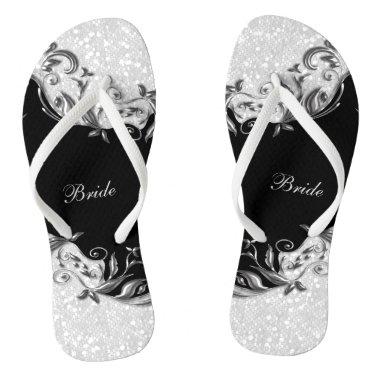 Black Floral & Confetti Glitter | Wedding Flip Flops