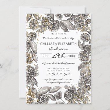 Black Floral Confetti Watercolor Bridal Shower Invitations