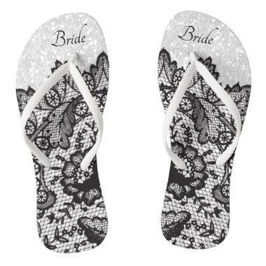 Black Floral Lace and White Glitter Flip Flops