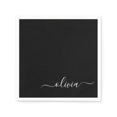 Black Girly Script Monogram Name Modern Napkins