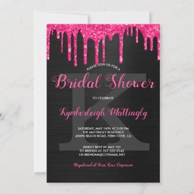 Black Glam Hot Pink Glitter Drips Bridal Shower Invitations