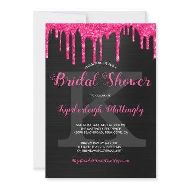 Black Glam Hot Pink Glitter Drips Bridal Shower Invitations