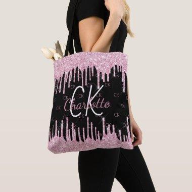 Black glitter drips pink monogram elegant tote bag