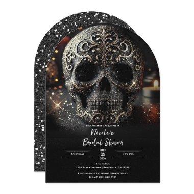 Black Glitter Glam Sparkle Skull Gothic Bridal