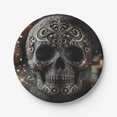 Black Glitter Glam Sparkle Skull Gothic Paper Plates
