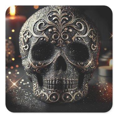 Black Glitter Glam Sparkle Skull Gothic Square Sticker