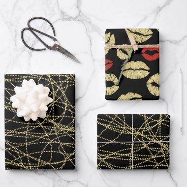 Black Gold Abstract Red Lips  Wrapping Paper Sheets