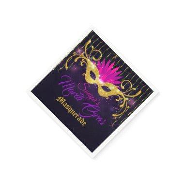 Black|Gold and Pink Mardi Gras Mask with Beads Napkins
