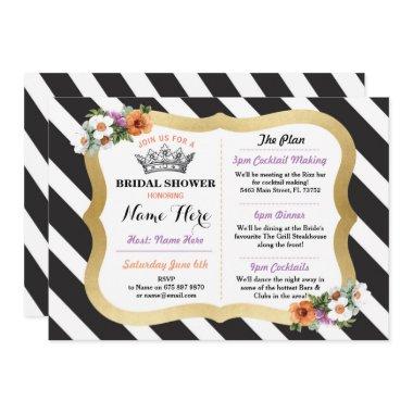 Black & Gold Bachelorette Itinerary Floral Stripe Invitations