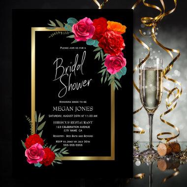 Black Gold Border Burgundy Floral Bridal Shower Invitations