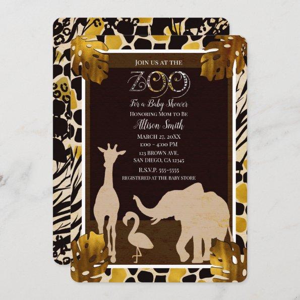 Black Gold Brown Zoo Animals Safari Print Party Invitations
