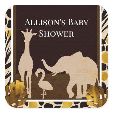 Black Gold Brown Zoo Animals Safari Print Party Square Sticker