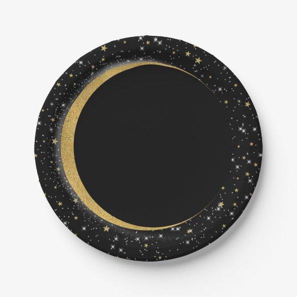 Black & Gold Celestial Moon Stars Lunar Magic Paper Plates