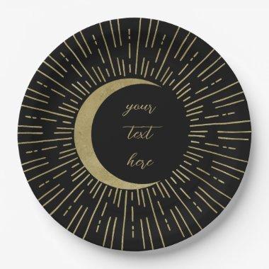 Black & Gold Celestial Sunburst Moon Wedding Paper Plates