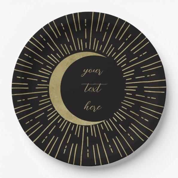 Black & Gold Celestial Sunburst Moon Wedding Paper Plates