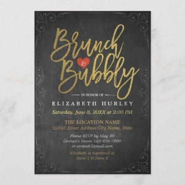 Black Gold Chalkboard Brunch Bubbly Bridal Shower Invitations