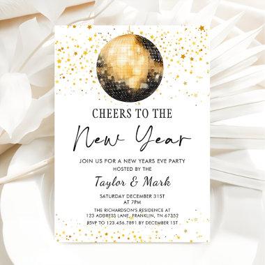 Black Gold Disco Ball Cheers New Years Eve Party Invitations