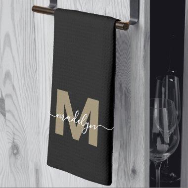 Black Gold Elegant Modern Script Name Monogram Kitchen Towel