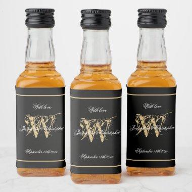 Black & Gold Elegant Monogram Chic Wedding Mini Liquor Bottle Label