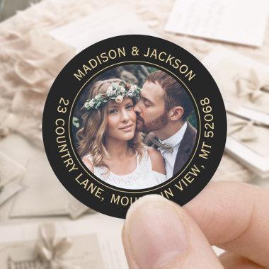 Black & Gold Elegant Photo Return Address Wedding Classic Round Sticker